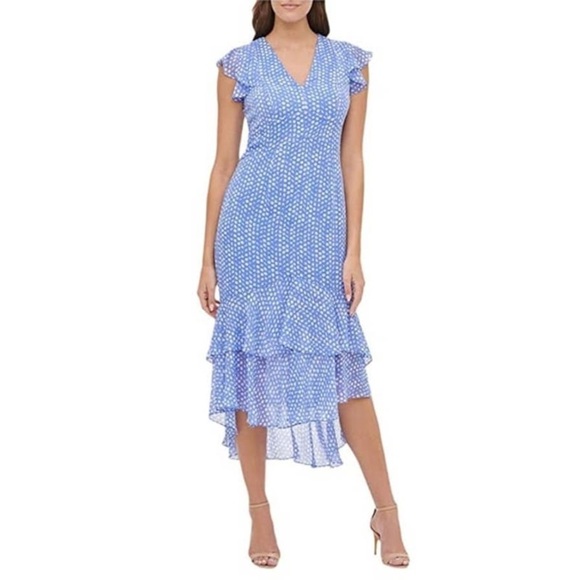 Tommy Hilfiger Blue Polka Dot Chiffon Flounce High-Low Ruffled Hem Dress Size 12 - Picture 1 of 11